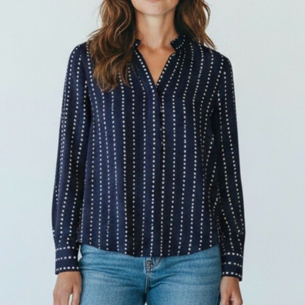 Ann Taylor Women's Navy with White Polka Dots Popover Blouse with Ruffle Neck XS
